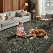 Washable Vintage Soft Low Pile Floral Area Rug Dark Green