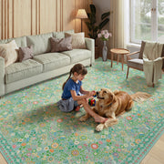 Vintage Washable Soft & Stain Resistant Floral Area Rug Sage Green Non-Slip