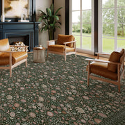 Washable Vintage Soft Low Pile Floral Area Rug Dark Green