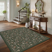 Washable Vintage Soft Low Pile Floral Area Rug Dark Green