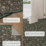 Washable Vintage Soft Low Pile Floral Area Rug Dark Green