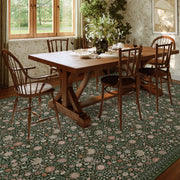 Washable Vintage Soft Low Pile Floral Area Rug Dark Green