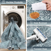 Vintage Rug Green Washable Area Rug Non-Slip Backing Durable Low Pile Mat