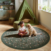 Washable Vintage Soft Low Pile Floral Area Rug Dark Green