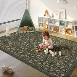 Washable Vintage Soft Low Pile Floral Area Rug Dark Green