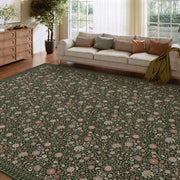 Washable Vintage Soft Low Pile Floral Area Rug Dark Green