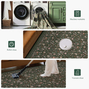 Washable Vintage Soft Low Pile Floral Area Rug Dark Green