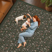 Washable Vintage Soft Low Pile Floral Area Rug Dark Green