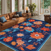 Blue Floral Area Rug Non-Slip Washable Soft and Stain Resistant Boho Carpet