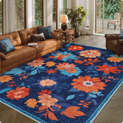 Blue Floral Area Rug Non-Slip Washable Soft and Stain Resistant Boho Carpet