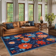 Blue Floral Area Rug Non-Slip Washable Soft and Stain Resistant Boho Carpet