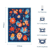 Blue Floral Area Rug Non-Slip Washable Soft and Stain Resistant Boho Carpet