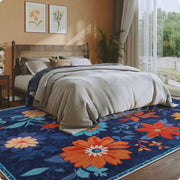 Blue Floral Area Rug Non-Slip Washable Soft and Stain Resistant Boho Carpet