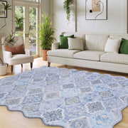 Blue Moroccan Pattern Scalloped Rug Ultra-Thin Soft Washable Low Pile Carpet