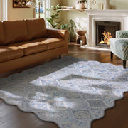 Blue Moroccan Pattern Scalloped Rug Ultra-Thin Soft Washable Low Pile Carpet