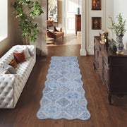 Blue Moroccan Pattern Scalloped Rug Ultra-Thin Soft Washable Low Pile Carpet