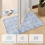 Blue Moroccan Pattern Scalloped Rug Ultra-Thin Soft Washable Low Pile Carpet