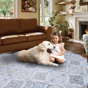 Blue Moroccan Pattern Scalloped Rug Ultra-Thin Soft Washable Low Pile Carpet
