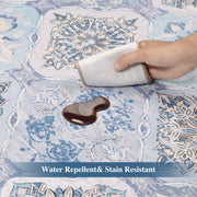 Blue Moroccan Pattern Scalloped Rug Ultra-Thin Soft Washable Low Pile Carpet