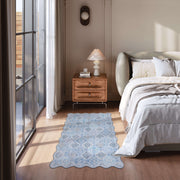 Blue Moroccan Pattern Scalloped Rug Ultra-Thin Soft Washable Low Pile Carpet
