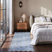 Blue Moroccan Pattern Scalloped Rug Ultra-Thin Soft Washable Low Pile Carpet