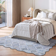 Blue Moroccan Pattern Scalloped Rug Ultra-Thin Soft Washable Low Pile Carpet