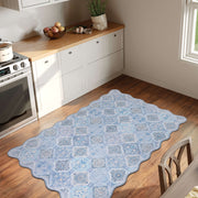Blue Moroccan Pattern Scalloped Rug Ultra-Thin Soft Washable Low Pile Carpet