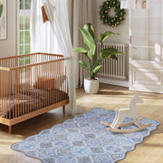 Blue Moroccan Pattern Scalloped Rug Ultra-Thin Soft Washable Low Pile Carpet