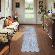 Blue Moroccan Pattern Scalloped Rug Ultra-Thin Soft Washable Low Pile Carpet