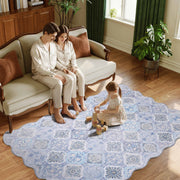 Blue Moroccan Pattern Scalloped Rug Ultra-Thin Soft Washable Low Pile Carpet