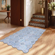 Blue Moroccan Pattern Scalloped Rug Ultra-Thin Soft Washable Low Pile Carpet