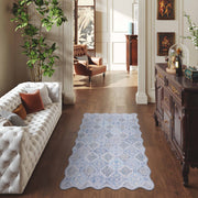 Blue Moroccan Pattern Scalloped Rug Ultra-Thin Soft Washable Low Pile Carpet