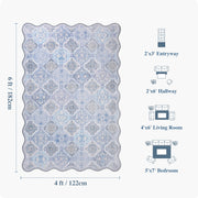 Blue Moroccan Pattern Scalloped Rug Ultra-Thin Soft Washable Low Pile Carpet