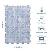 Blue Moroccan Pattern Scalloped Rug Ultra-Thin Soft Washable Low Pile Carpet