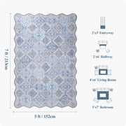 Blue Moroccan Pattern Scalloped Rug Ultra-Thin Soft Washable Low Pile Carpet