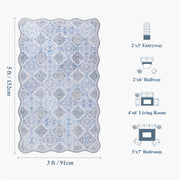 Blue Moroccan Pattern Scalloped Rug Ultra-Thin Soft Washable Low Pile Carpet