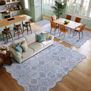 Blue Moroccan Pattern Scalloped Rug Ultra-Thin Soft Washable Low Pile Carpet