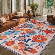 Floral Washable Area Rug Beige Soft Low Pile Non Slip Indoor Doormat