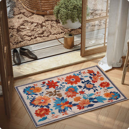Floral Washable Area Rug Beige Soft Low Pile Non Slip Indoor Doormat