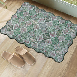 Green Scalloped Moroccan Rug Soft Low-Pile Washable Carpet Indoor Doormat