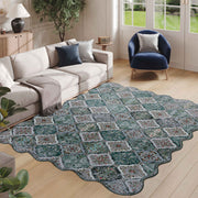Green Scalloped Moroccan Rug Soft Low-Pile Washable Carpet Indoor Doormat