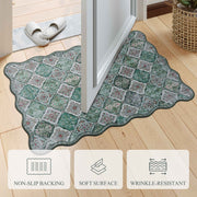 Green Scalloped Moroccan Rug Soft Low-Pile Washable Carpet Indoor Doormat