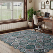 Green Scalloped Moroccan Rug Soft Low-Pile Washable Carpet Indoor Doormat