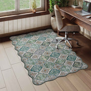 Green Scalloped Moroccan Rug Soft Low-Pile Washable Carpet Indoor Doormat