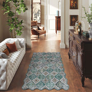 Green Scalloped Moroccan Rug Soft Low-Pile Washable Carpet Indoor Doormat