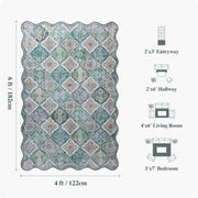 Green Scalloped Moroccan Rug Soft Low-Pile Washable Carpet Indoor Doormat