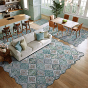 Green Scalloped Moroccan Rug Soft Low-Pile Washable Carpet Indoor Doormat