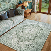 Green Washable Vintage Rug Distressed Retro Non-Slip Soft Carpet for Indoor