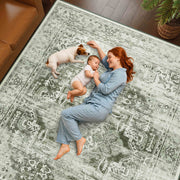 Green Washable Vintage Rug Distressed Retro Non-Slip Soft Carpet for Indoor