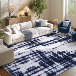 Modern Navy Blue Pattern Washable Rug Soft Stain Resistant Non-Slip Carpet